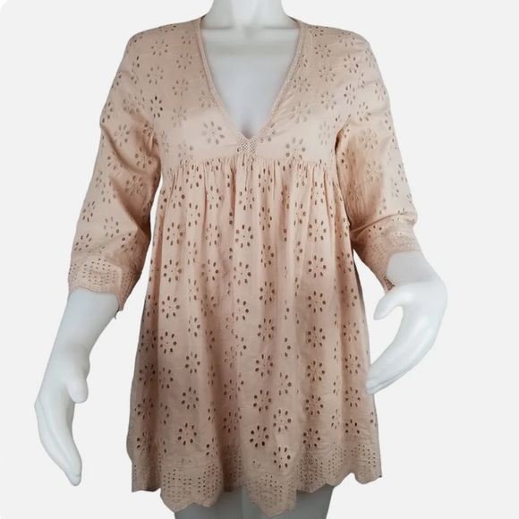 Zara TRF Collection Blush Pink Eyelet Empire Waist Babydoll Spring Romper Dress - Picture 2 of 9